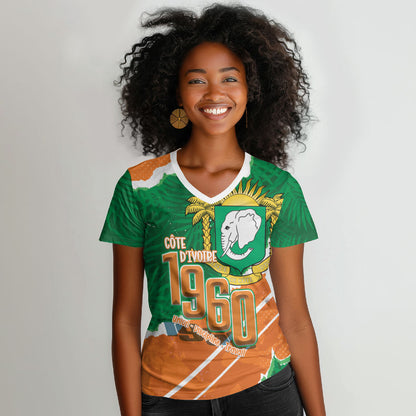 Cote d'Ivoire Independence Day Personalized Women V-Neck T-Shirt 1960 Proud Coat Of Arms Grunge Style