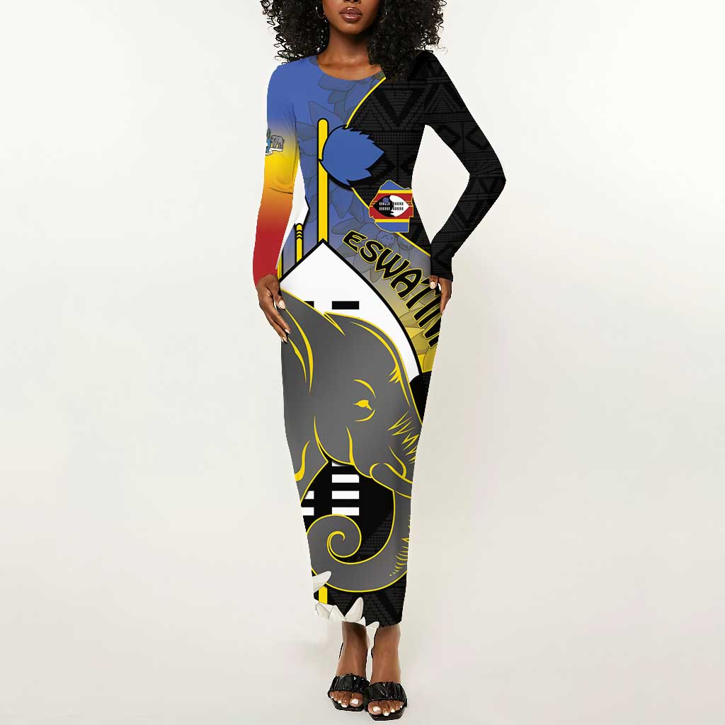 Afro Swaziland Somhlolo Day Long Sleeve Bodycon Dress Nguni Shield African Pattern - African Pride