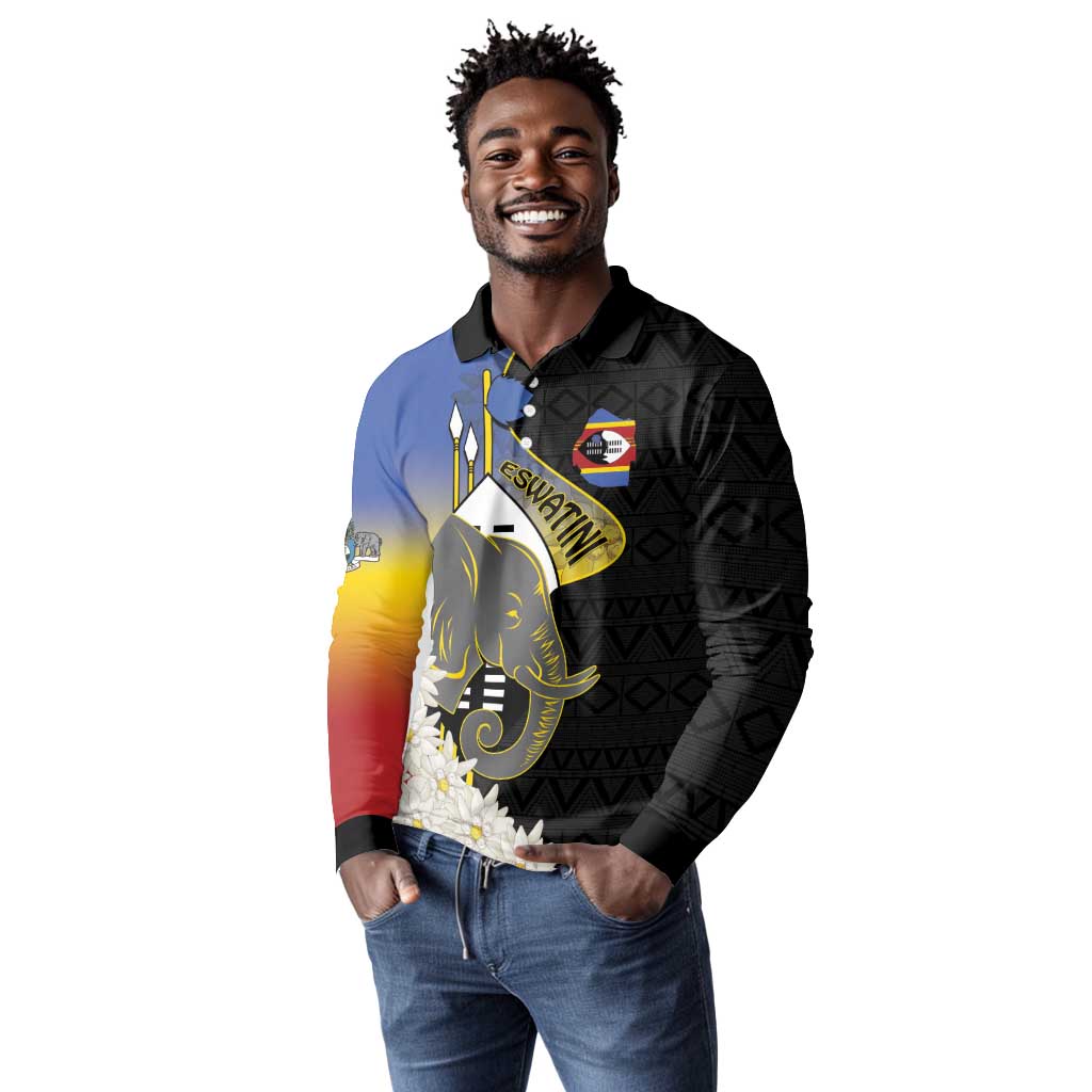 Afro Swaziland Somhlolo Day Long Sleeve Polo Shirt Nguni Shield African Pattern - African Pride