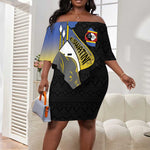 Afro Swaziland Somhlolo Day Off Shoulder Short Dress Nguni Shield African Pattern - African Pride