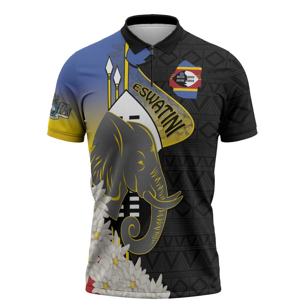 Eswatini Independence Day Zipper Polo Shirt Swaziland Nguni Shield African Pattern