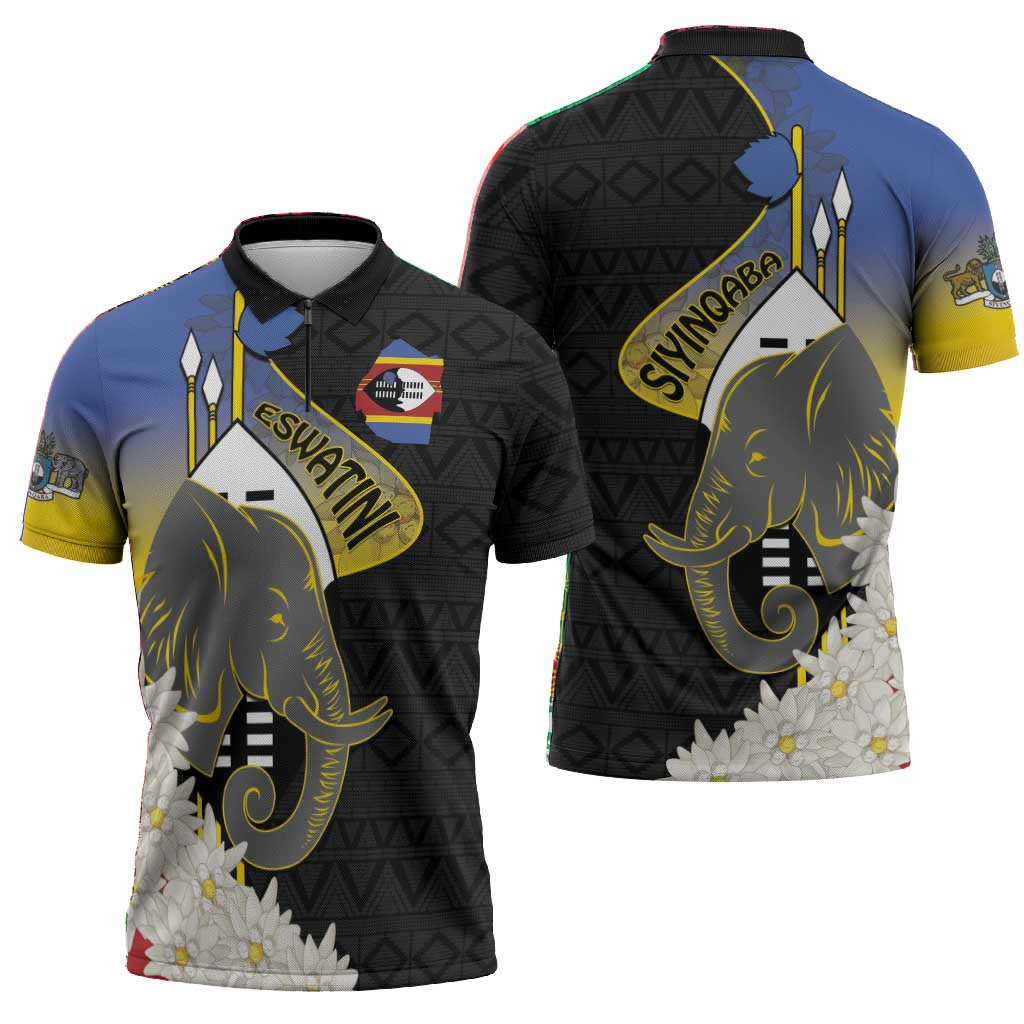 Eswatini Independence Day Zipper Polo Shirt Swaziland Nguni Shield African Pattern