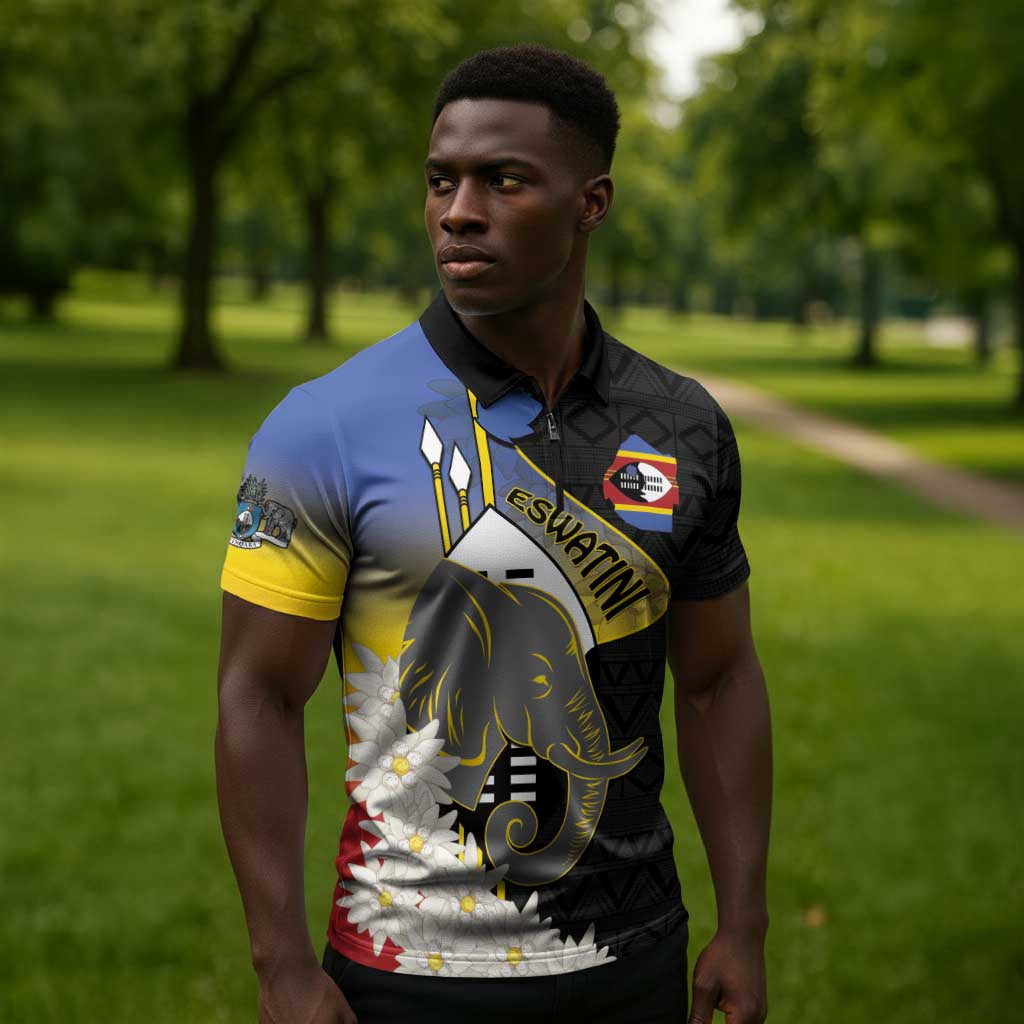 Eswatini Independence Day Zipper Polo Shirt Swaziland Nguni Shield African Pattern