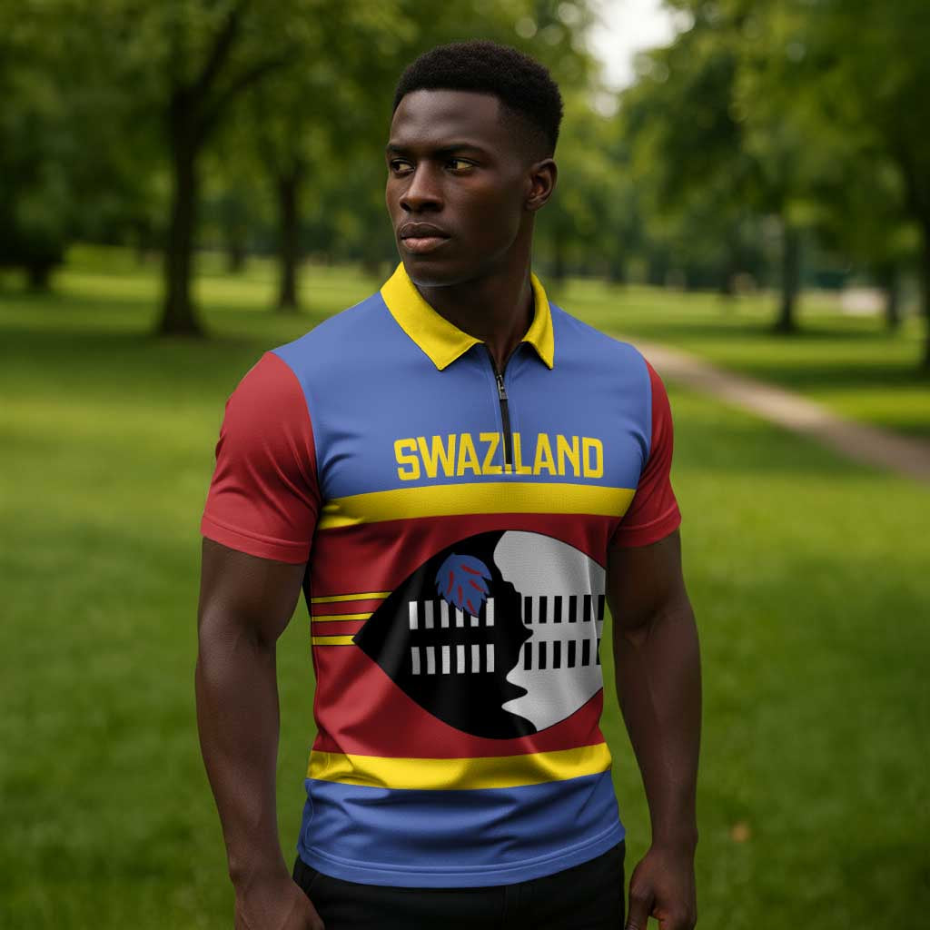 Swaziland Zipper Polo Shirt Siyinqaba Eswatini Flag Style