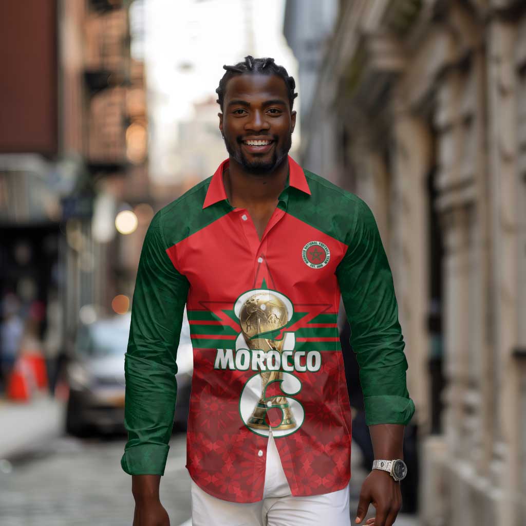 Personalized Morocco Football Long Sleeve Button Shirt 2026 Come On Atlas Lions - African Pride