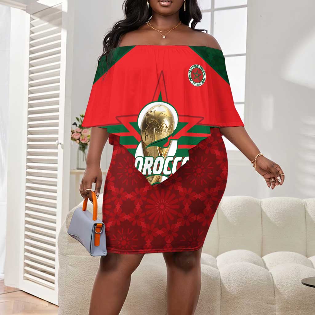 Personalized Morocco Football Off Shoulder Short Dress 2026 Come On Atlas Lions - African Pride