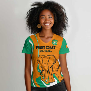 Custom Ivory Coast Football Women V-Neck T-Shirt 2024 Go Champions Les Elephants