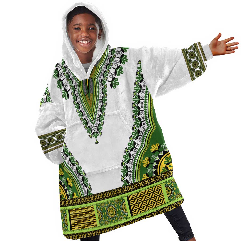 Africa KId Wearable Blanket Hoodie African Dashiki Royal Green Version