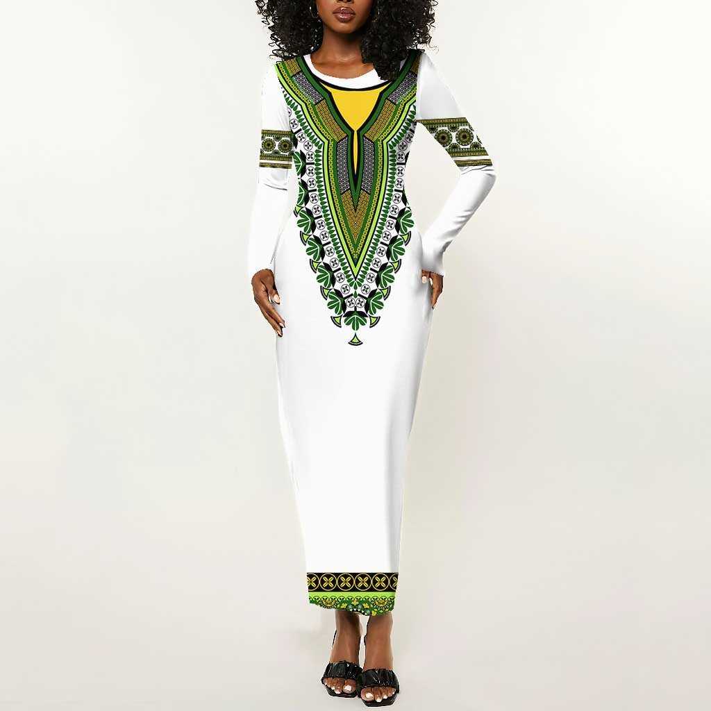 Africa Long Sleeve Bodycon Dress African Dashiki Royal Green Version