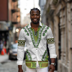 Africa Long Sleeve Button Shirt African Dashiki Royal Green Version