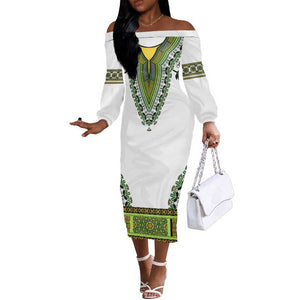 Africa Off The Shoulder Long Sleeve Dress African Dashiki Royal Green Version