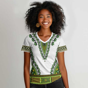 Africa Women V-Neck T-Shirt African Dashiki Royal Green Version