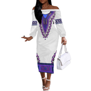 Africa Off The Shoulder Long Sleeve Dress African Dashiki Royal Purple Version