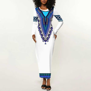 Africa Long Sleeve Bodycon Dress African Dashiki Royal Blue Version