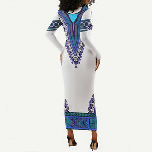 Africa Long Sleeve Bodycon Dress African Dashiki Royal Blue Version