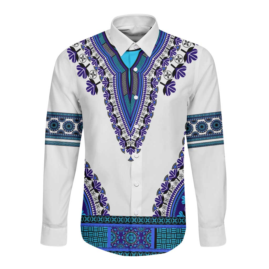 Africa Long Sleeve Button Shirt African Dashiki Royal Blue Version