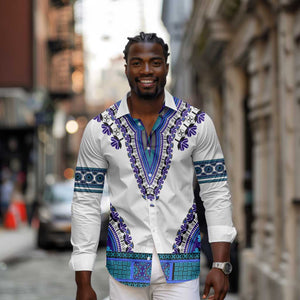 Africa Long Sleeve Button Shirt African Dashiki Royal Blue Version