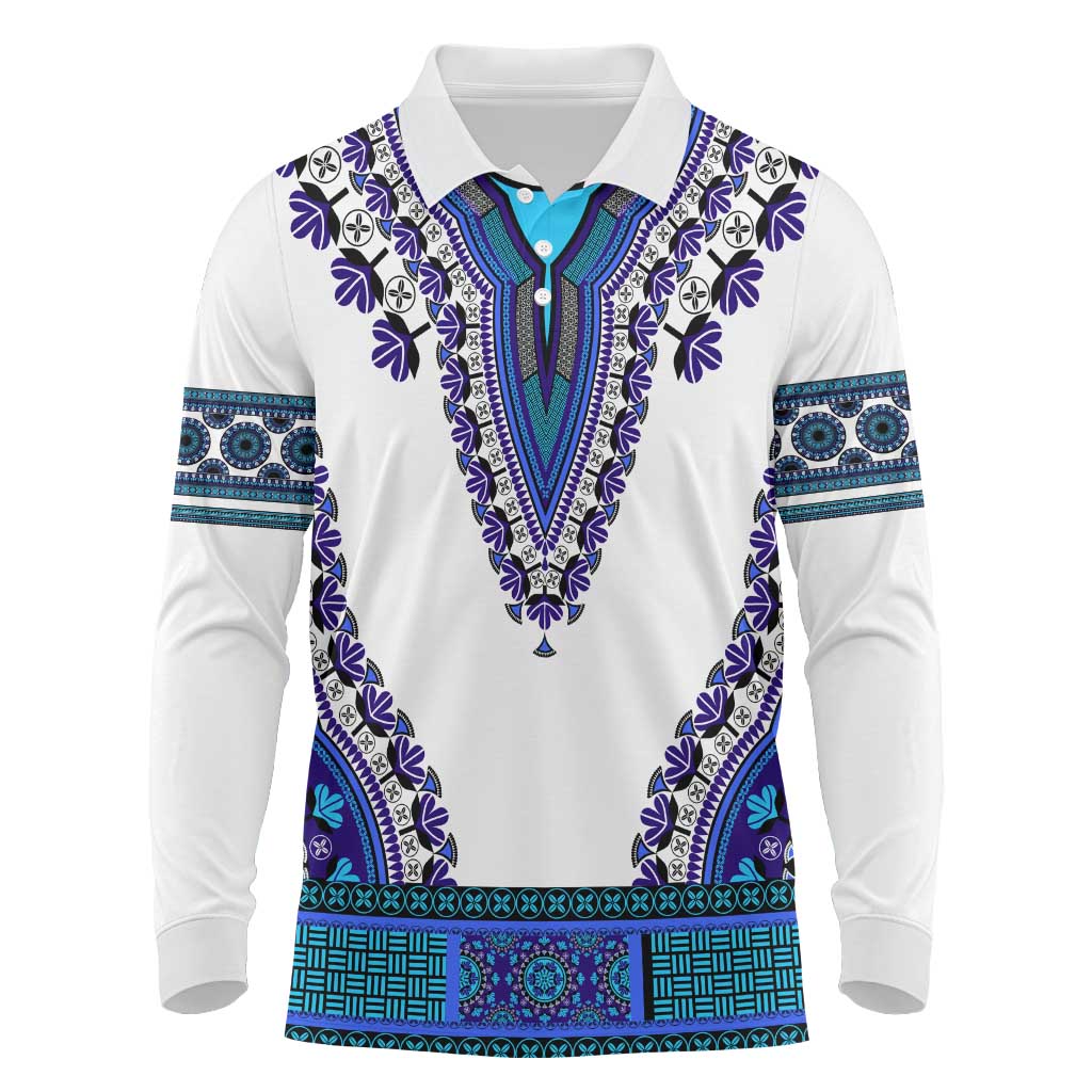 Africa Long Sleeve Polo Shirt African Dashiki Royal Blue Version