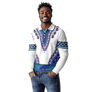 Africa Long Sleeve Polo Shirt African Dashiki Royal Blue Version