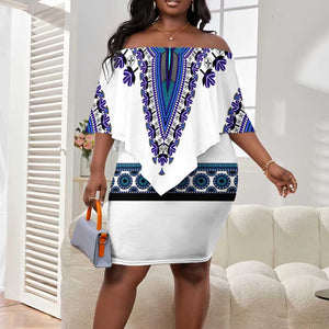 Africa Off Shoulder Short Dress African Dashiki Royal Blue Version LT14