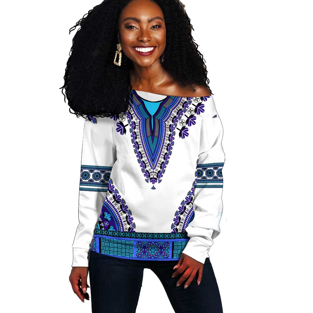 Africa Off Shoulder Sweater African Dashiki Royal Blue Version