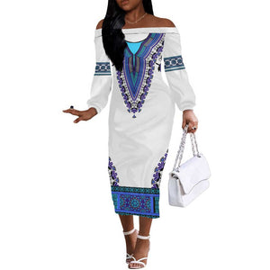 Africa Off The Shoulder Long Sleeve Dress African Dashiki Royal Blue Version