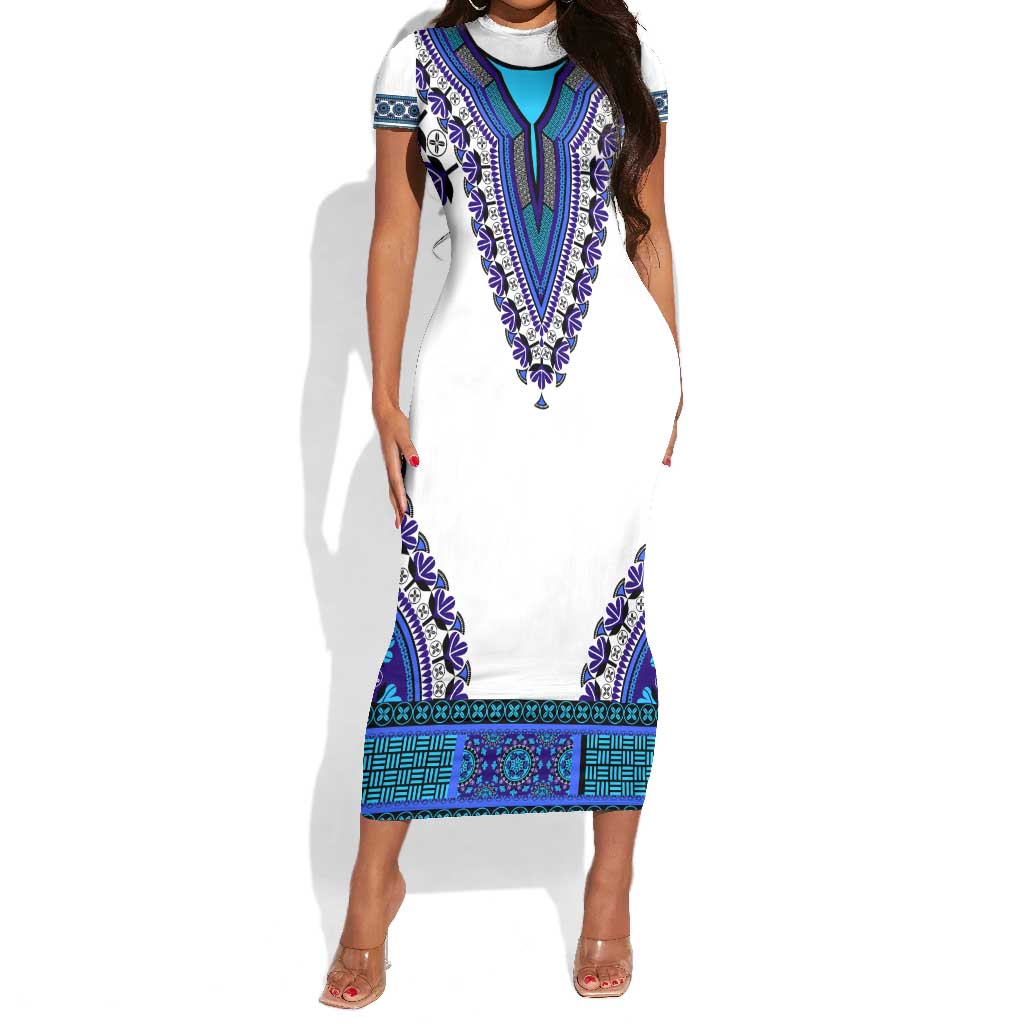 Africa Short Sleeve Bodycon Dress African Dashiki Royal Blue Version