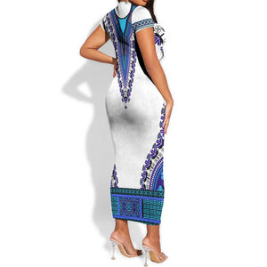 Africa Short Sleeve Bodycon Dress African Dashiki Royal Blue Version