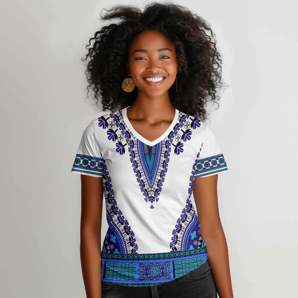 Africa Women V-Neck T-Shirt African Dashiki Royal Blue Version