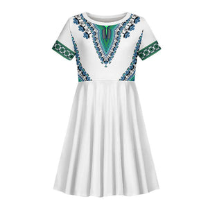 Africa Kid Short Sleeve Dress African Dashiki Royal Turquoise Version