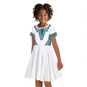 Africa Kid Short Sleeve Dress African Dashiki Royal Turquoise Version