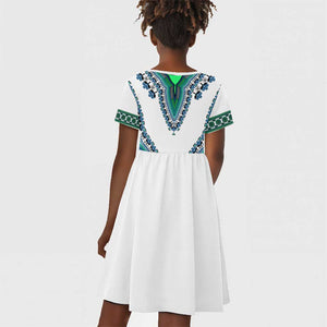 Africa Kid Short Sleeve Dress African Dashiki Royal Turquoise Version