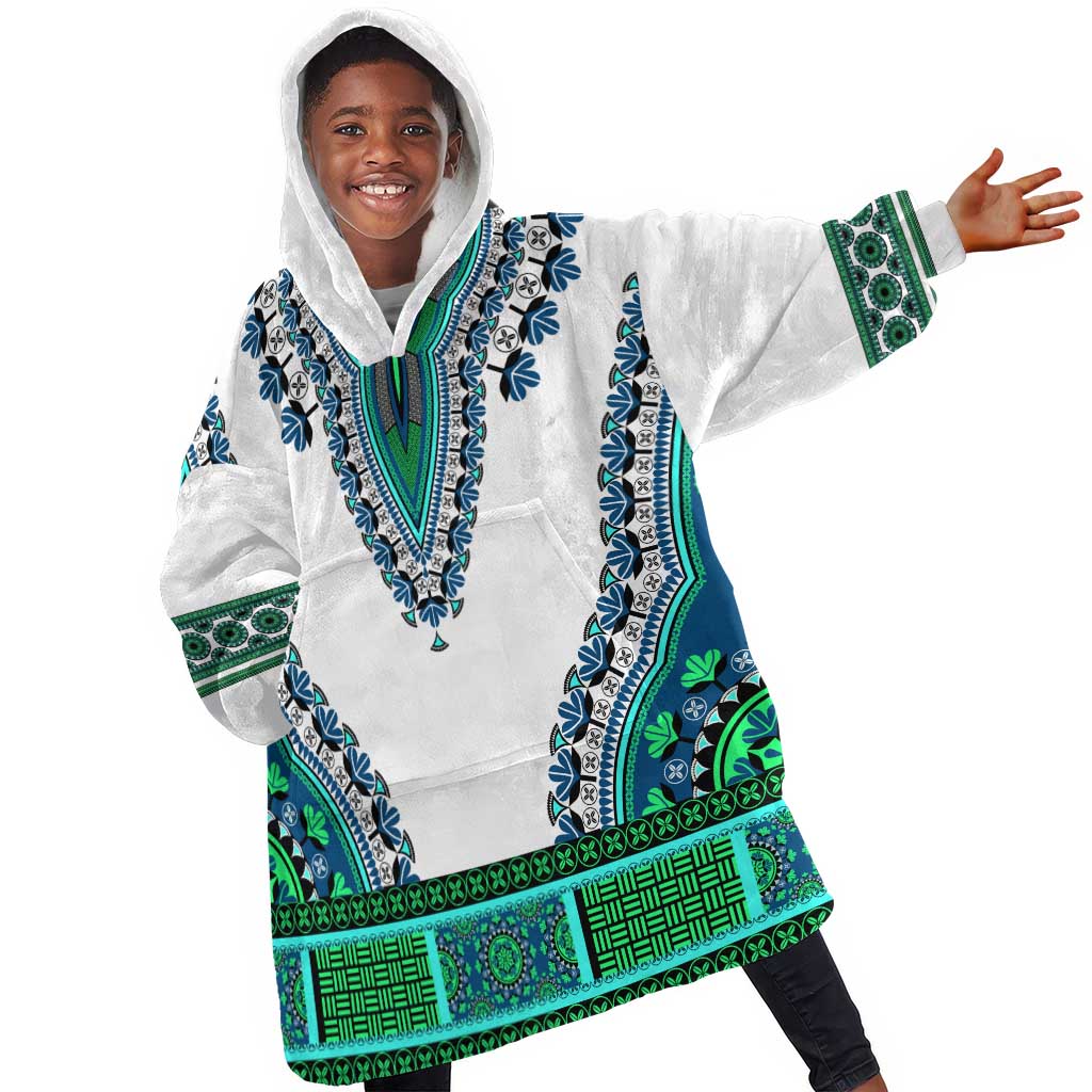 Africa KId Wearable Blanket Hoodie African Dashiki Royal Turquoise Version