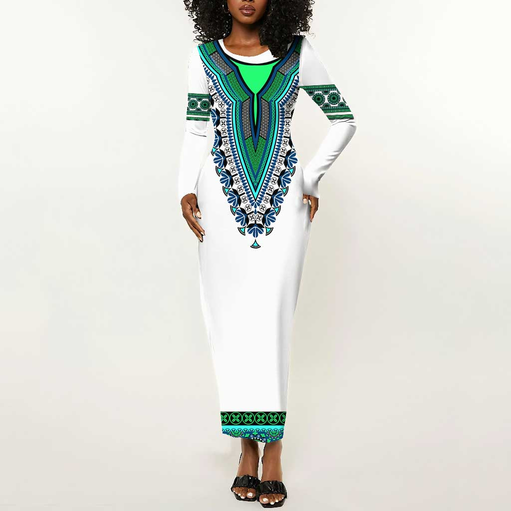 Africa Long Sleeve Bodycon Dress African Dashiki Royal Turquoise Version