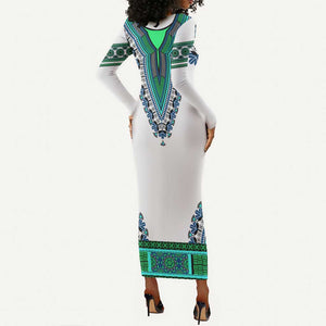 Africa Long Sleeve Bodycon Dress African Dashiki Royal Turquoise Version