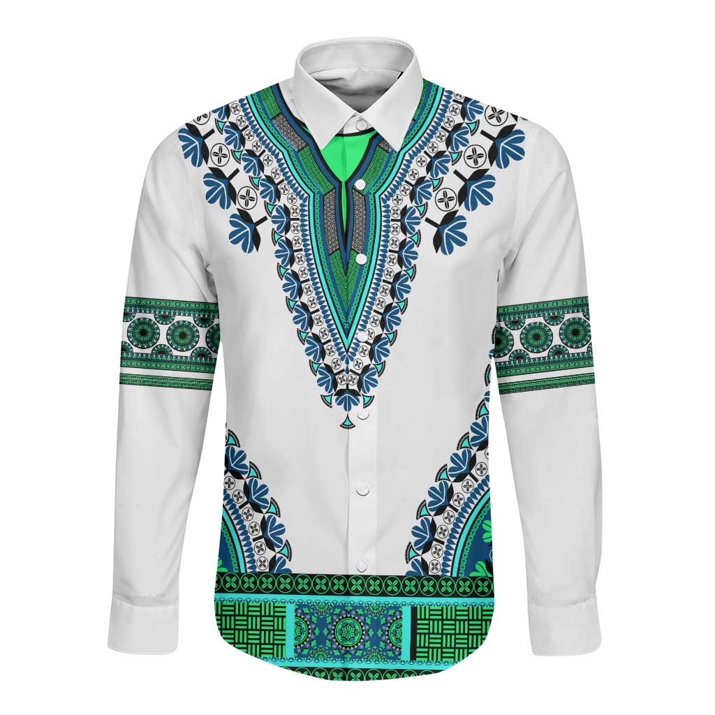 Africa Long Sleeve Button Shirt African Dashiki Royal Turquoise Version