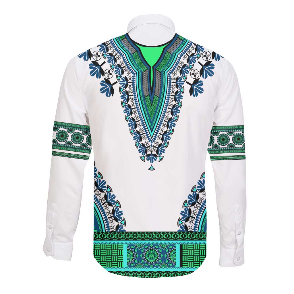 Africa Long Sleeve Button Shirt African Dashiki Royal Turquoise Version