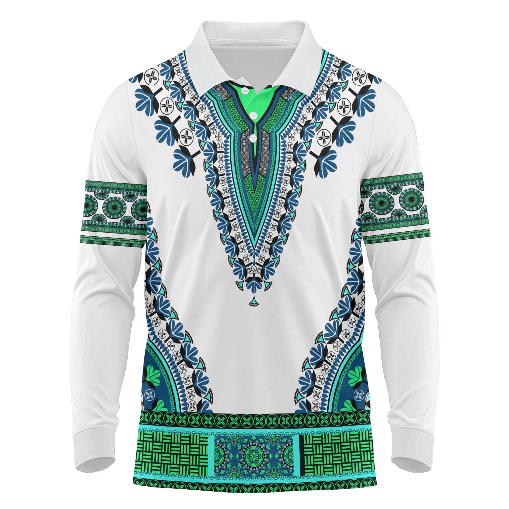 Africa Long Sleeve Polo Shirt African Dashiki Royal Turquoise Version