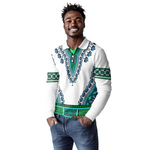 Africa Long Sleeve Polo Shirt African Dashiki Royal Turquoise Version