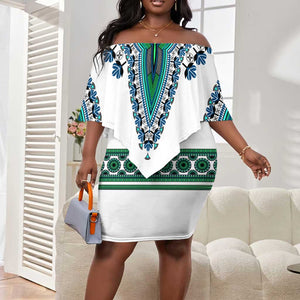 Africa Off Shoulder Short Dress African Dashiki Royal Turquoise Version LT14