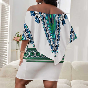 Africa Off Shoulder Short Dress African Dashiki Royal Turquoise Version LT14