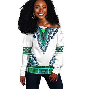 Africa Off Shoulder Sweater African Dashiki Royal Turquoise Version