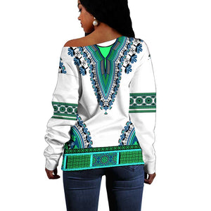 Africa Off Shoulder Sweater African Dashiki Royal Turquoise Version