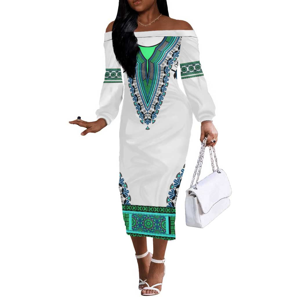 Africa Off The Shoulder Long Sleeve Dress African Dashiki Royal Turquoise Version