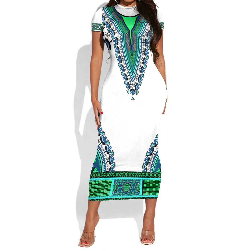 Africa Short Sleeve Bodycon Dress African Dashiki Royal Turquoise Version