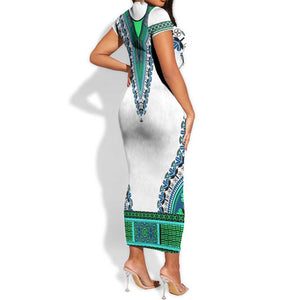 Africa Short Sleeve Bodycon Dress African Dashiki Royal Turquoise Version