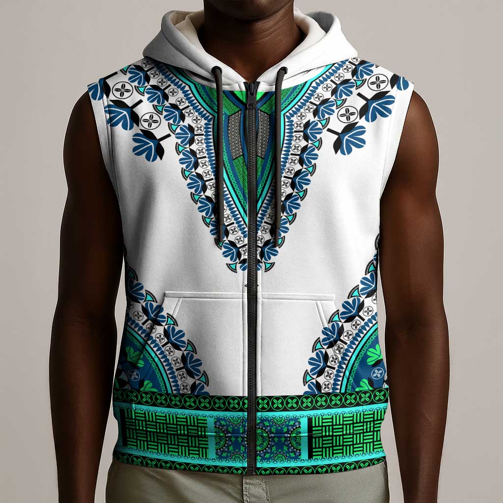 Africa Sleeveless Zip Hoodie African Dashiki Royal Turquoise Version - African Pride
