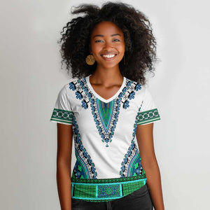 Africa Women V-Neck T-Shirt African Dashiki Royal Turquoise Version