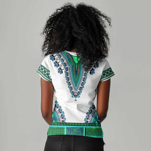 Africa Women V-Neck T-Shirt African Dashiki Royal Turquoise Version