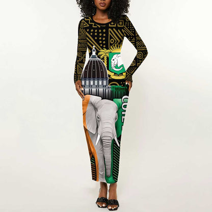 Personalized Cote dIvoire Independence Day Long Sleeve Bodycon Dress Ivory Coast Elephant African Pattern LT14